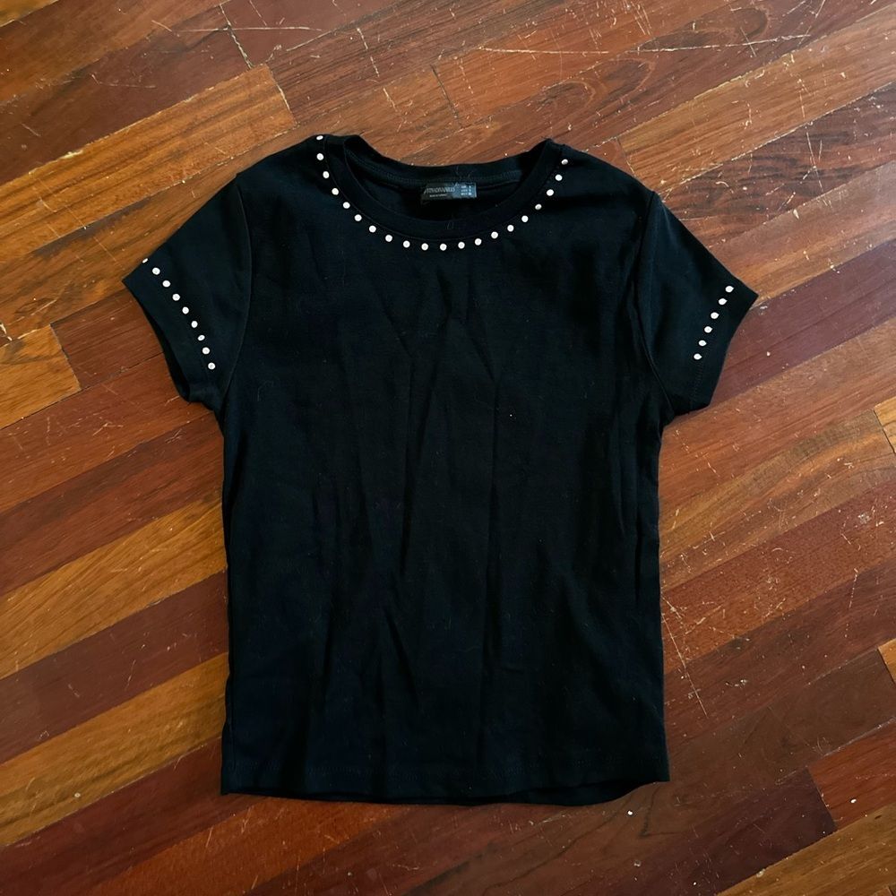 Stradivarius Black Studded Short Sleeve Top (Small)